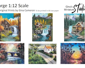Puede incluir: Seis pinturas originales de acuarela de paisajes con cascadas, puentes y casas. Las pinturas se titulan "Escala grande 1:12" y son de Gina Cameron. El texto "Para imprimir en papel tamaño A5" también está incluido.
