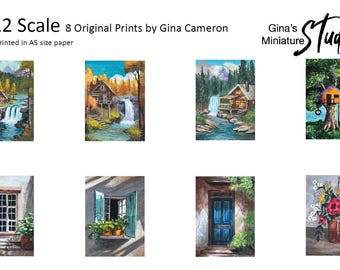 Puede incluir: Ocho impresiones originales de pinturas en miniatura de Gina Cameron. Las impresiones incluyen escenas de una cabaña junto a una cascada, una casa en un árbol, una ventana con plantas, una puerta con enredaderas y un jarrón de flores. Las impresiones están diseñadas para imprimirse en papel tamaño A5.