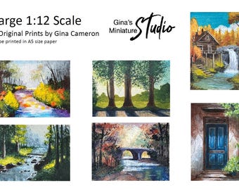 Puede incluir: Seis pinturas originales en miniatura para decorar casas de muñecas. Las pinturas representan diferentes escenas, incluyendo un arroyo en el bosque, un puente sobre un río, una cabaña con una cascada y una puerta azul. Las pinturas están diseñadas para ser impresas en papel tamaño A5.