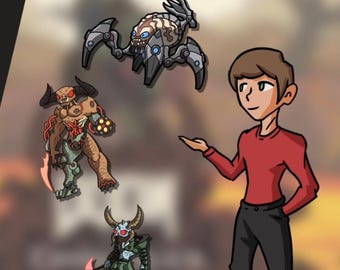 May include: A sticker pack featuring three cartoon monster designs and the text "Sticker Pack #1". The stickers include a robotic spider, a horned demon, and a green armored creature with an axe. A person in a red shirt and black pants is gesturing towards the stickers.