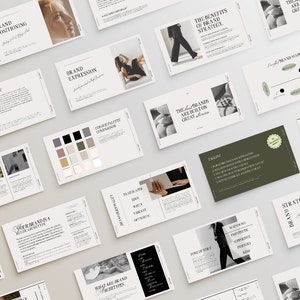 May include: A collection of cards with text about brand strategy, brand positioning, and brand expression. The cards are laid out on a light gray surface. The text on the cards is in black and white.