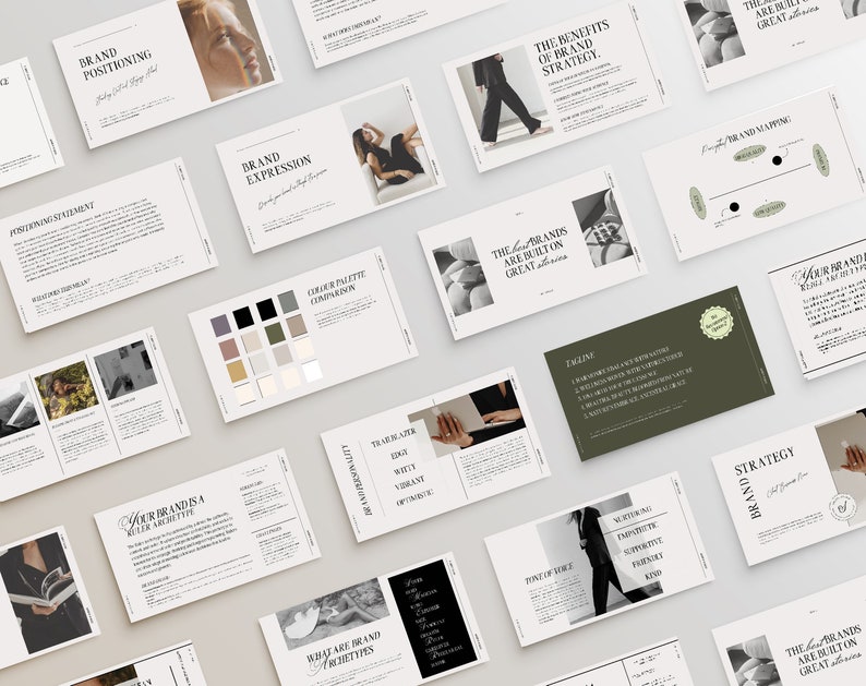 May include: A collection of cards with text about brand strategy, brand positioning, and brand expression. The cards are laid out on a light gray surface. The text on the cards is in black and white.