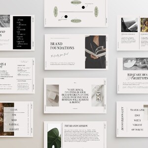 May include: A presentation slide deck with a white background and black text. The slides contain information about brand archetypes and brand foundations. The slides also include images of plants, books, and people.