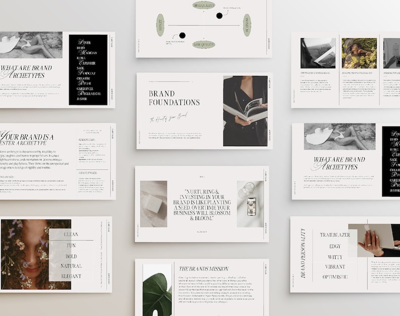 May include: A presentation slide deck with a white background and black text. The slides contain information about brand archetypes and brand foundations. The slides also include images of plants, books, and people.