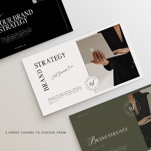 May include: Three different front cover designs for a brand strategy guide. The first cover is black with white text that reads "Your Brand Strategy". The second cover is white with black text that reads "Brand Strategy" and a photo of a person using a laptop. The third cover is green with white text that reads "Brand Strategy".
