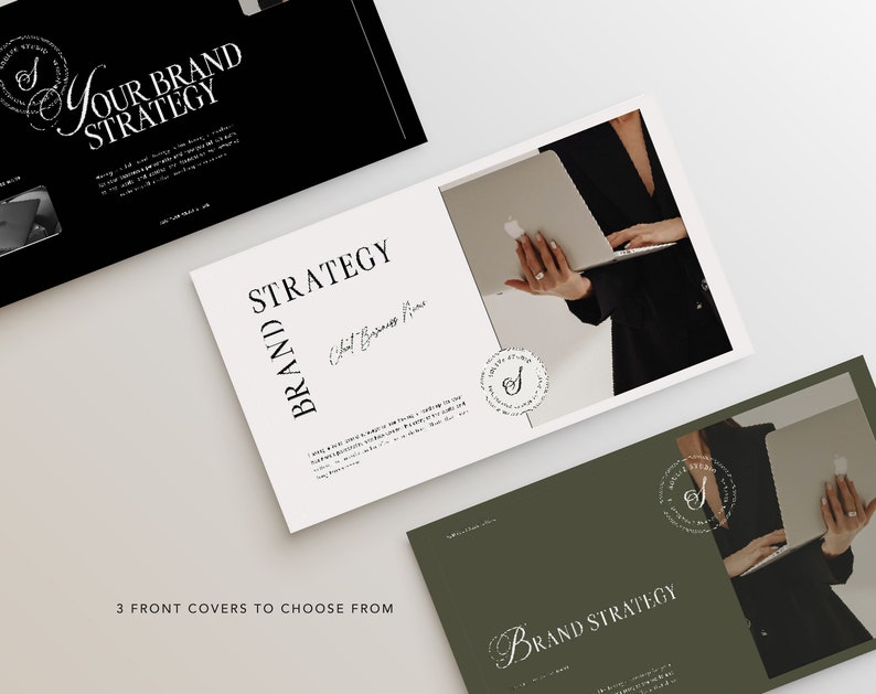 May include: Three different front cover designs for a brand strategy guide. The first cover is black with white text that reads "Your Brand Strategy". The second cover is white with black text that reads "Brand Strategy" and a photo of a person using a laptop. The third cover is green with white text that reads "Brand Strategy".