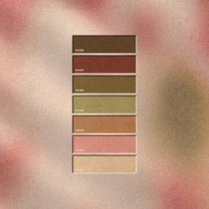 Könnte beinhalten: Eine Make-up-Palette mit sieben rechteckigen Lidschattentönen in Erdtönen, darunter Braun, Olivgrün und Pfirsich. Auf jedem Farbton steht das Wort "NAME". Der Hintergrund ist eine weiche, verschwommene Mischung aus Rosa und Beige.