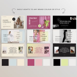 May include: A set of nine brand strategy slides with different color schemes. The slides feature text about brand strategy, tone of voice, and nurturing and investing in your brand. The slides are designed to be easily adapted to any brand color or style.