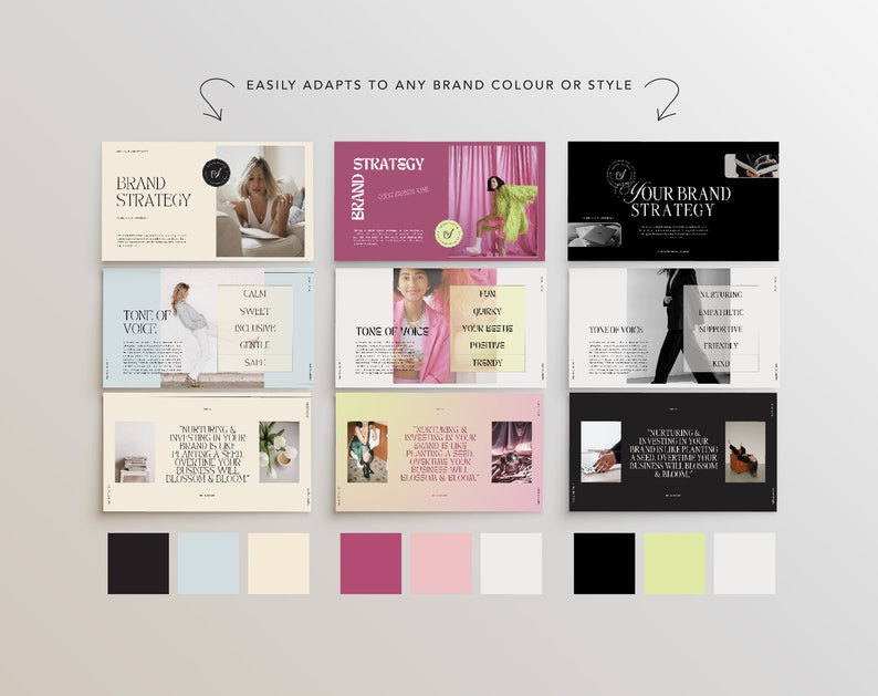 May include: A set of nine brand strategy slides with different color schemes. The slides feature text about brand strategy, tone of voice, and nurturing and investing in your brand. The slides are designed to be easily adapted to any brand color or style.