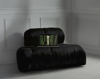 Laptop Mockup: Minimalist Black Couch Scene (PSD, JPG)
