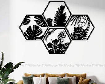 Decoración de pared con hojas tropicales hexagonales, archivos cortados con láser (descarga digital)