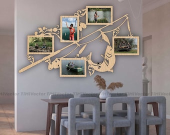 May include: A wooden wall decor featuring a fishing rod and a fish with six photo frames. The frames are arranged around the rod and fish, and the design is cut out of wood.