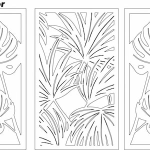May include: Three wood panels with a laser cut design of tropical leaves. The panels are in a light brown color and feature a repeating pattern of monstera leaves and palm fronds.