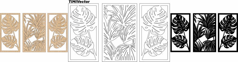 May include: Three wood panels with a laser cut design of tropical leaves. The panels are in a light brown color and feature a repeating pattern of monstera leaves and palm fronds.