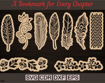 Laser cut bookmark svg bundle, floral and feather designs, svg/cdr/dxf/eps files for cnc, digital download, bookmark stencil, craft bookmark