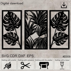 May include: Three black and white digital cut files of tropical leaves. The files are labeled SVG, CDR, DXF, and EPS. The files are for cutting with a knife, scissors, plotter, or laser. The files are labeled #D009.