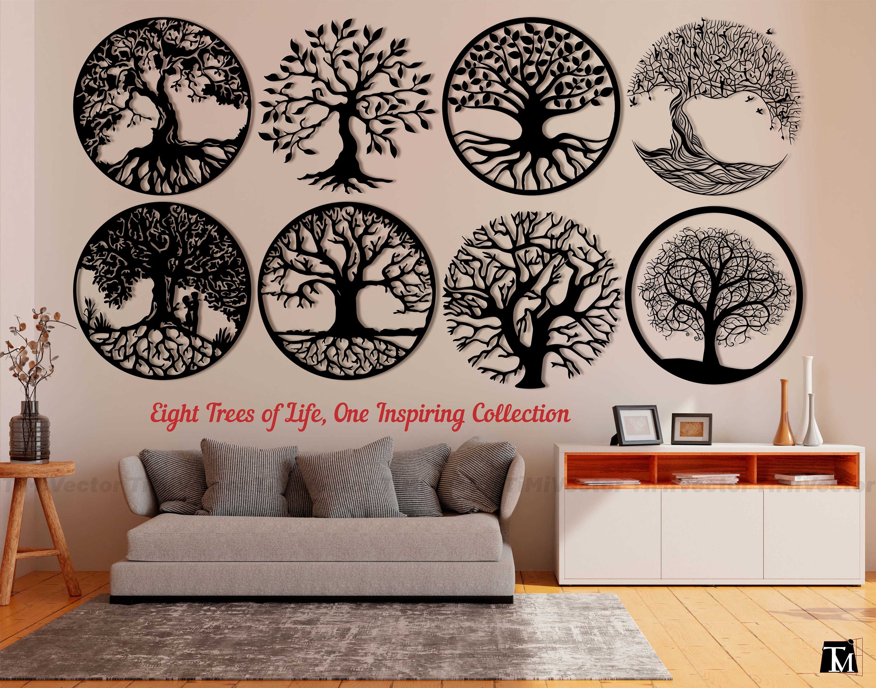 Tree of Life Laser Cut Wall Art Set, 8 Round Tree Designs, Digital