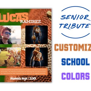 May include: A senior tribute poster with a football theme. The poster features a photo of a young man in a football uniform, along with the text "Lucas Ramirez" and "Alameda High | 20XX".