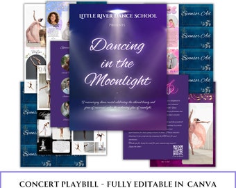 Szablon programu Spotlight Playbill na recital taneczny, koncerty szkolne, rocznik zespołu, w pełni edytowalny w Canva — dostosowywalna liczba stron