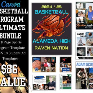 Può includere: Un collage di immagini che promuovono un programma di pallacanestro. L'immagine principale presenta una palla da basket con fiamme dietro e il testo "2024/25 Basketball Alameda High Raven Nation". Altre immagini mostrano giocatori di pallacanestro in azione e i loro nomi e gli anni di corso.