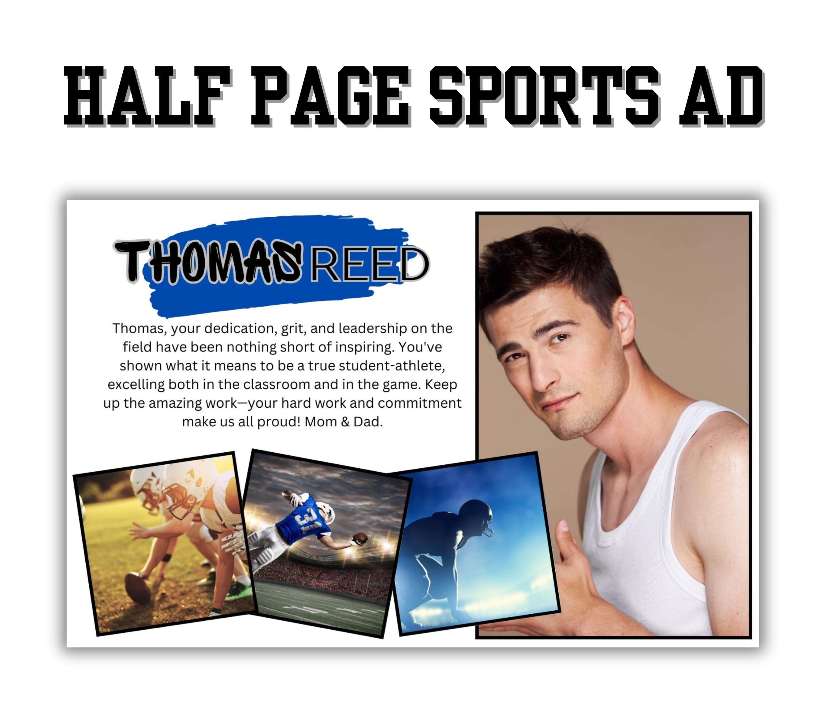 Multisport Program Ad Half Page With 2 Layouts |Customizable Colors to Match School Yearbook Colors |Senior Tribute |Varsity Football Player