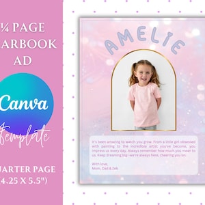 Pode incluir: Um modelo Canva rosa e roxo para um anúncio de anuário. O anúncio apresenta uma foto de uma menina chamada Amelie, com o texto "1/4 PÁGINA ANUÁRIO PUBLICITÁRIO" e "PÁGINA QUARTO (10,8 x 14 cm)". O anúncio inclui uma mensagem sincera.