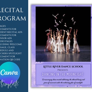 Peut inclure: Un programme de récital de danse violet et blanc intitulé "Dancing in the Moonlight" présenté par Little River Dance School. Le programme comprend 16 pages, des emplacements pour les publicités des élèves et des sponsors, des pages de studio, un message de bienvenue, un horaire de cours, des projecteurs sur les professeurs et un code QR pour les dons.