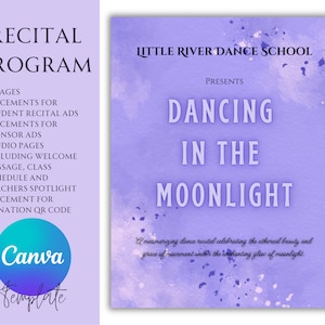 Op de afbeelding: Een paarse en witte aquarel achtergrond met de tekst "Little River Dance School Presents Dancing in the Moonlight" en een beschrijving van het recital als "Een betoverend dansrecital dat de etherische schoonheid en gratie van beweging viert onder de betoverende gloed van maanlicht."