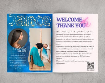 Szablon programu recitalu – styl magazynu Playbill, 16 stron z możliwością dostosowania liczby stron, zawiera miejsca na reklamy studentów i sponsorów
