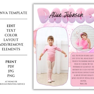 Könnte beinhalten: Eine rosa und weiße druckbare Tanz-Abschlussurkunde mit einem Foto eines jungen Mädchens in einem rosa Trikot und Tutu. Der Text auf der Urkunde lautet "Alice Johnson Dance" und enthält eine Botschaft über die Leidenschaft des Mädchens für den Tanz.