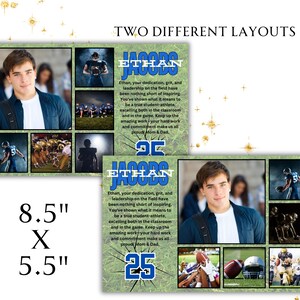 May include: Two different layouts for a football player's graduation announcement. The first layout features a collage of photos of the player in a football uniform, with a green and white background. The second layout features a single photo of the player in a football uniform, with a green and white background. The text on the announcement reads "Ethan, your dedication, grit, and leadership on the field have been nothing short of inspiring. You've shown what it means to be a true student-athlete, excelling both in the classroom and in the game. Keep up the amazing work-your hard work and commitment make us all proud Mom & Dad."