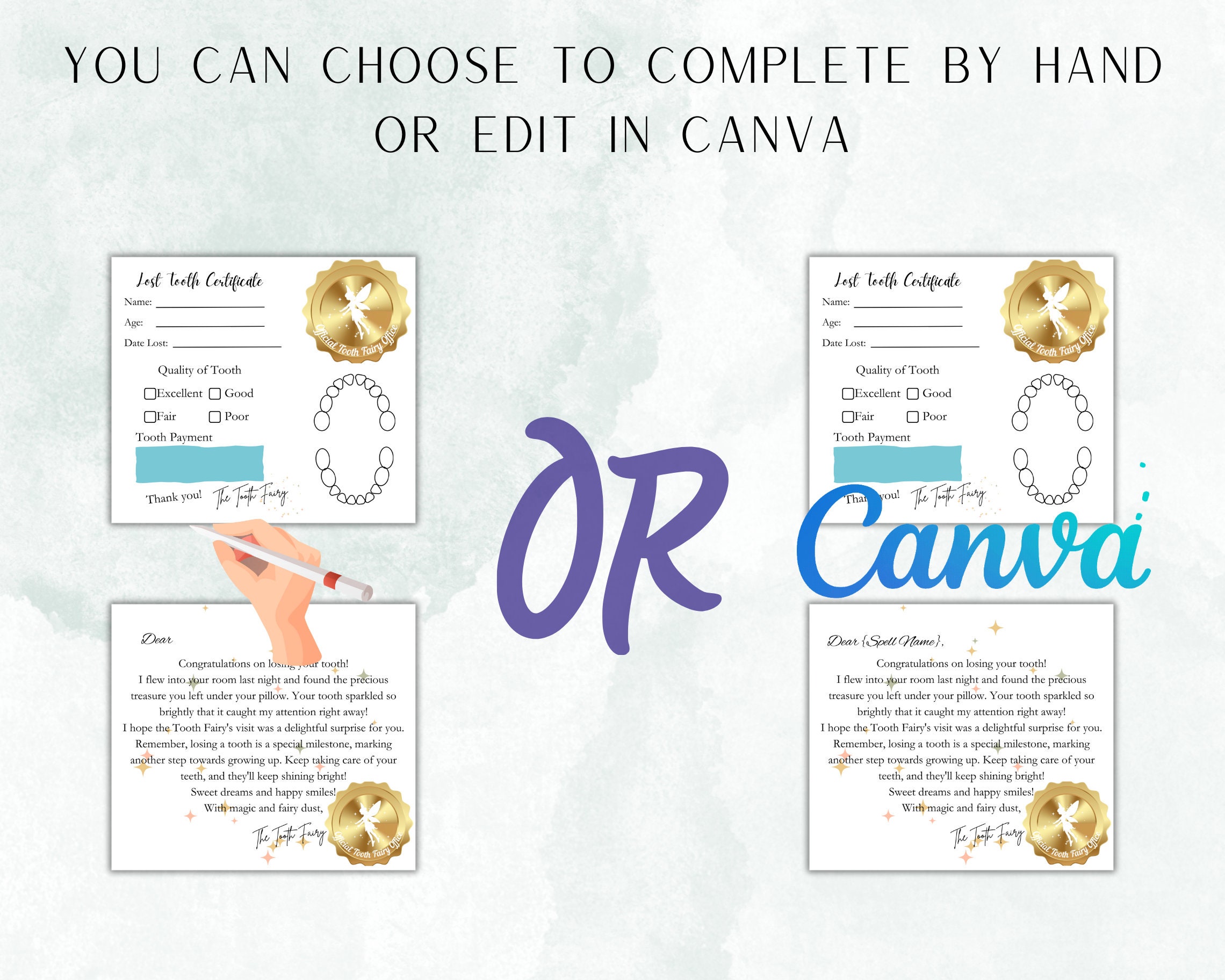 9 x 10 cm Tooth Fairy Certificate + Letter Bundle | PDF Printable AND Canva Editable Files I For Boys and Girls, Unisex Designs | Lost Tooth