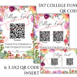Carte de code QR de College Fund 5 x 7 pouces et option d'insertion de 3,5 x 2 pouces pour 1 ou 2 codes QR | Faire-part de remise des diplômes assorti disponible à l'achat | Application Cash