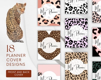 May include: 18 planner cover designs featuring leopard print patterns in various colors, including pink, brown, black, and white. Each design includes a circle with the text "My Planner" in a handwritten font.