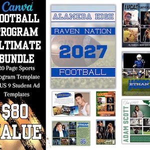 May include: A digital bundle of 20-page sports program templates and 9 student ad templates for Alameda High football. The designs feature blue and white text, football imagery, and placeholders for student photos and names like Lucas Turner.