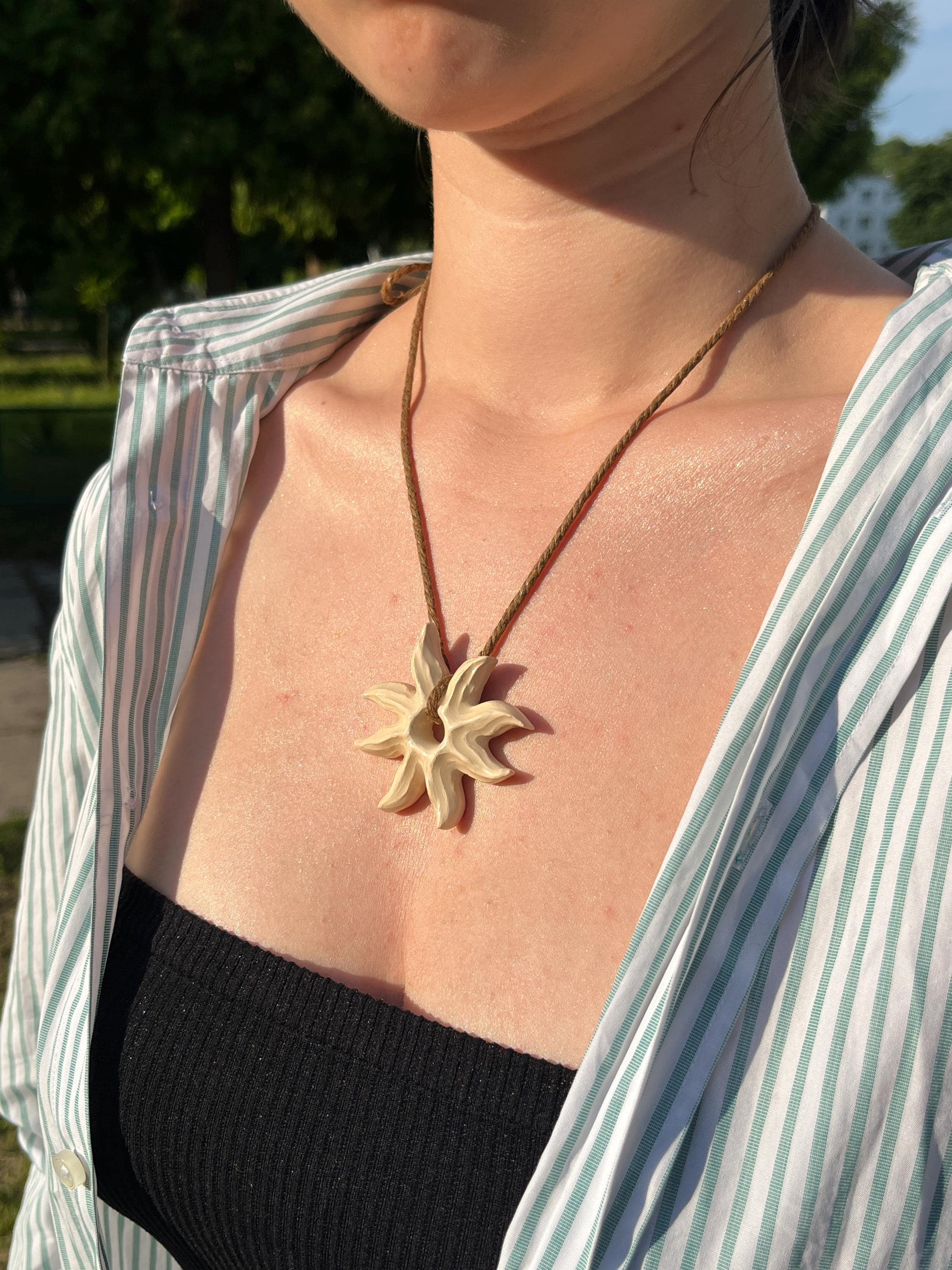Handmade Ceramic Sun Pendant Necklace – Unique Glazed Clay Jewelry