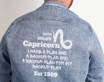 Capricorn Zodiac Denim Jacket - Personalized text with humorous zodiac quote