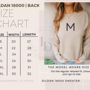Puede incluir: Tabla de tallas para sudaderas Gildan 18000, que muestra las medidas de ancho y largo en pulgadas para las tallas S, M, L, XL, 2XL y 3XL. La modelo lleva una talla M.