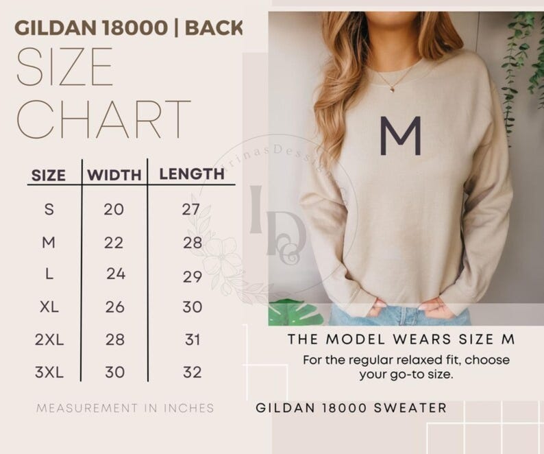 Puede incluir: Tabla de tallas para sudaderas Gildan 18000, que muestra las medidas de ancho y largo en pulgadas para las tallas S, M, L, XL, 2XL y 3XL. La modelo lleva una talla M.