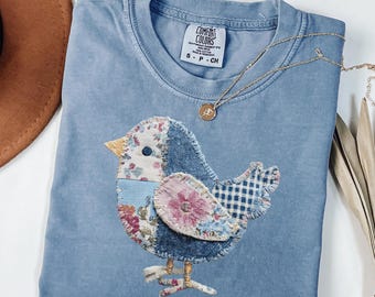Comfort Colors® Birdwatching Shirt, Faux Patchwork Bird, Easily Distracted By Birds, Cute Bird Tee, Bird Lover Gift, Bird Watcher Gift