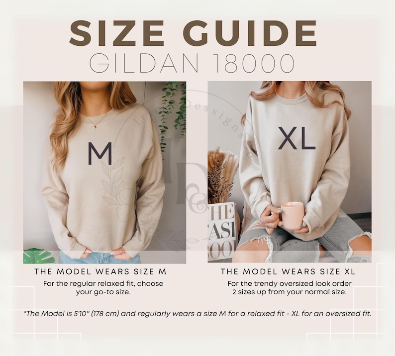 Puede incluir: Gu&iacute;a de tallas para sudaderas Gildan 18000. La modelo lleva una talla M para un ajuste relajado y una talla XL para un ajuste holgado. La modelo mide 1,78 m.