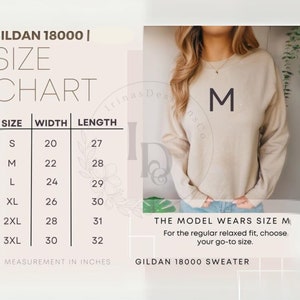 May include: A beige Gildan 18000 sweater with the letter "M" on the front. The image includes a size chart with measurements in inches for sizes S to 3XL. The model wears size M. The text reads "GILDAN 18000 SWEATER".