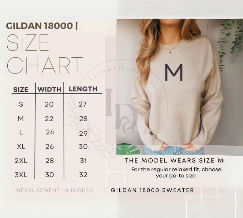 May include: A beige Gildan 18000 sweater with the letter "M" on the front. The image includes a size chart with measurements in inches for sizes S to 3XL. The model wears size M. The text reads "GILDAN 18000 SWEATER".