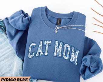 Cat Mom Sweatshirt, Blue Toile Cat Lover Sweater, Gift for Cat Lovers, New Cat Mom Gift, Gift For Mothers Day, Cat Mama Sweatshirt, Fur Mama