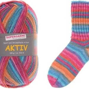 May include: A ball of Aktiv yarn and a matching sock. The yarn is a blend of pink, orange, blue, and teal. The sock has the same color pattern. The yarn label reads "SUPERGARNE AKTIV".
