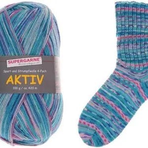 May include: A ball of Supergarne Aktiv yarn and a matching sock. The yarn is a blend of blue, teal, and pink. The sock is a crew sock with the same color pattern as the yarn. The yarn label reads "Supergarne Aktiv".