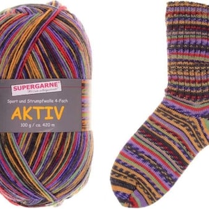 May include: A ball of Aktiv Supergarne yarn in a mix of colors, including purple, red, orange, and black, next to a matching knitted sock. The yarn label reads "Sport und Strumpfwolle 4-Fach" and "100 g / ca. 420 m".
