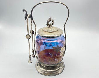 Antique Victorian Glass Pickle Jar with lid and Tongs Hand Painted Flowers