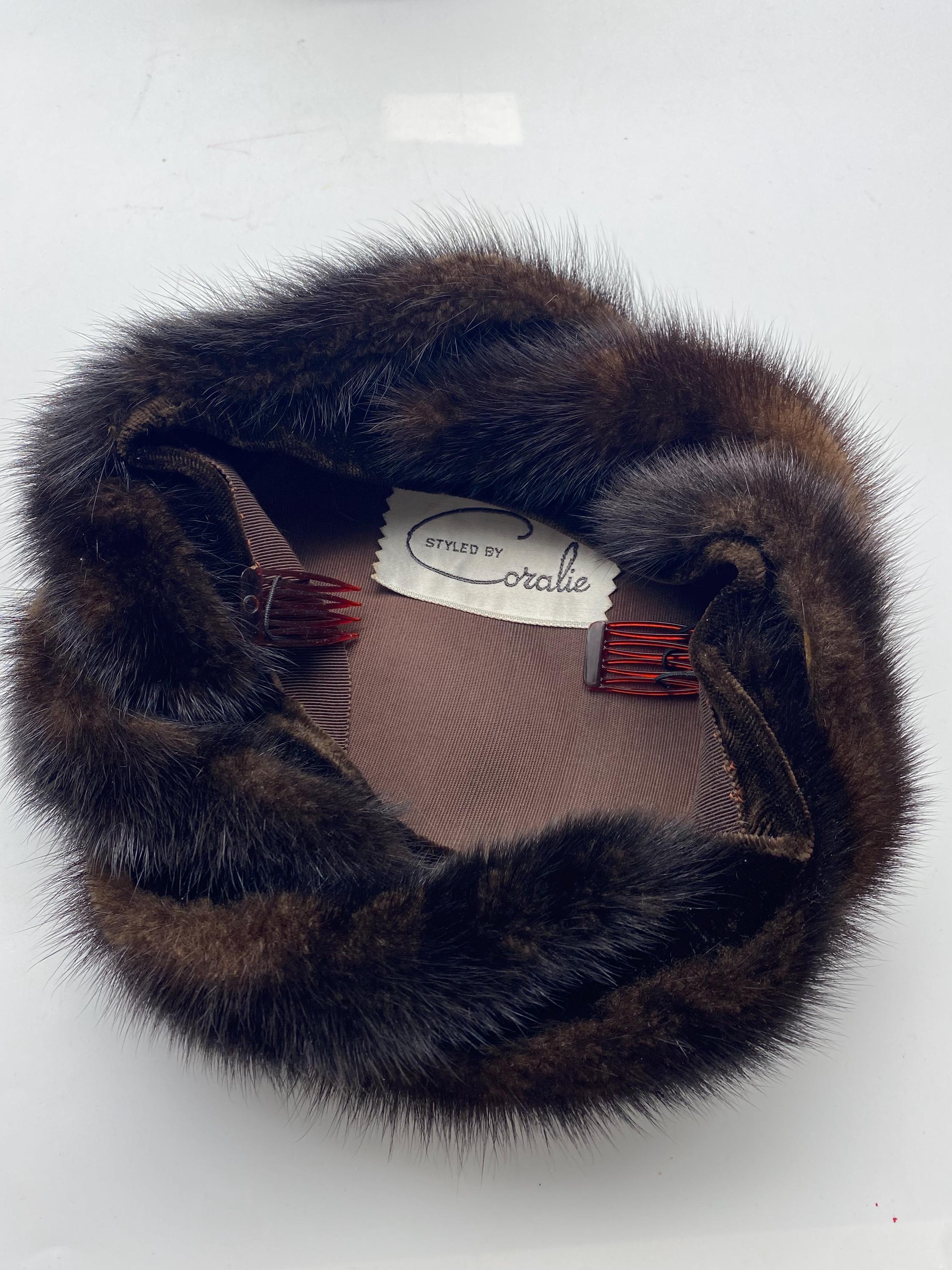 Vintage Dark Brown Mink Fur Hat Teddy’s Boston 1950s 1960s Pillbox 1960 TRUE Vintage MINK FUR HAT~Dark BROWN PILLBOX w/SATIN  main image 4