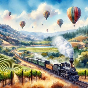 PDF Nappa Valley Train, Kreuzstichvorlage Bunte Luftballons, Sommer Landschaft, Berg, Fluss